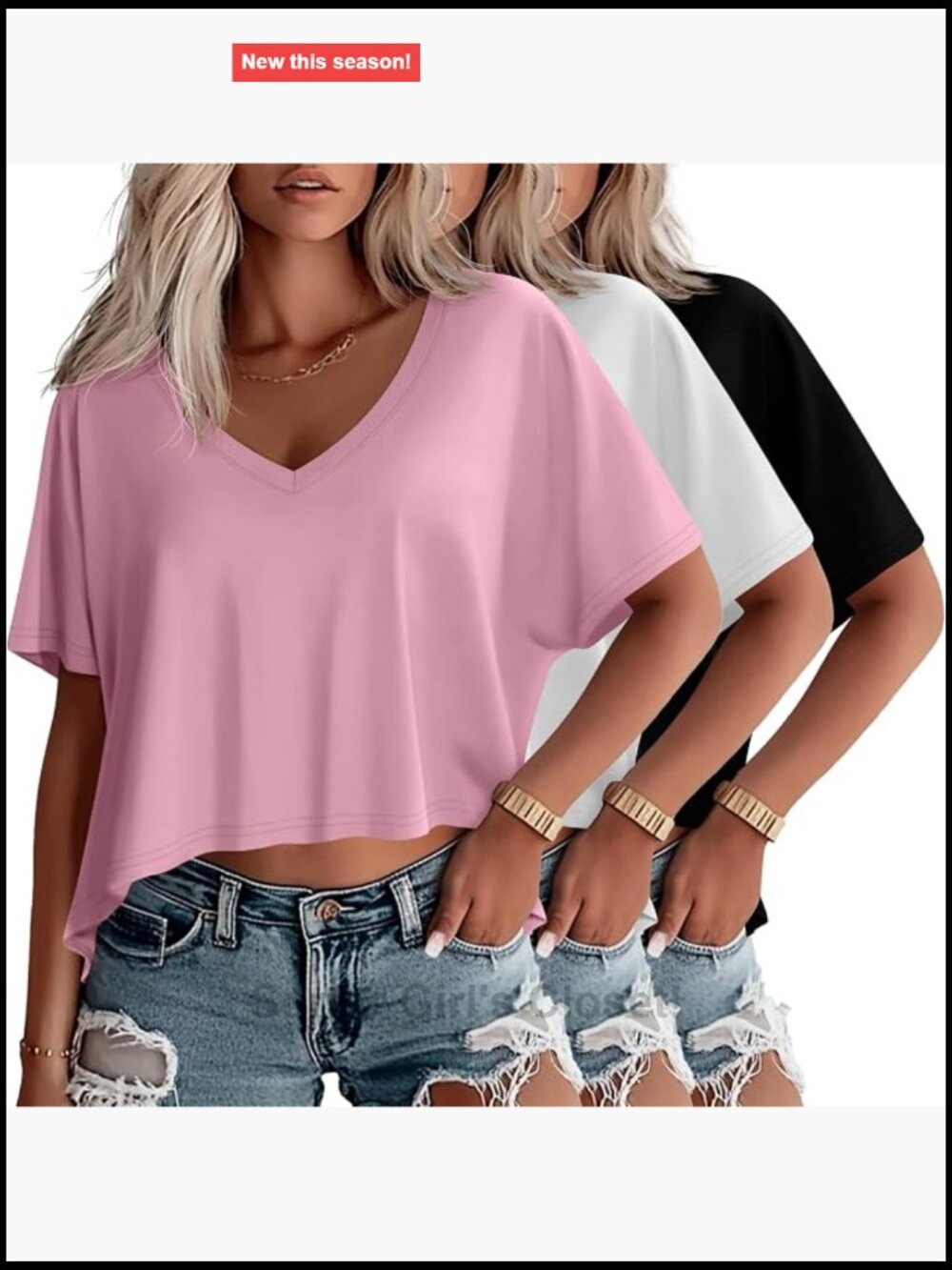 Oversized V-Neck T-Shirts 3 Pack Crop Tees Short Sleeve Boxy Lounge